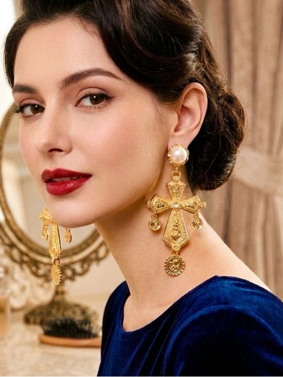 Jewelry - Vintage Palace Style Pearl Cross Drop Earrings – Gold Tone Statement Earrings